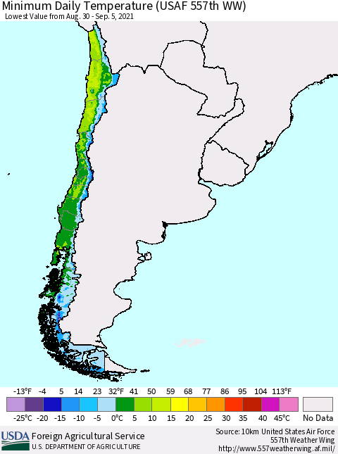 Chile Extreme Minimum Temperature (USAF 557th WW) Thematic Map For 8/30/2021 - 9/5/2021