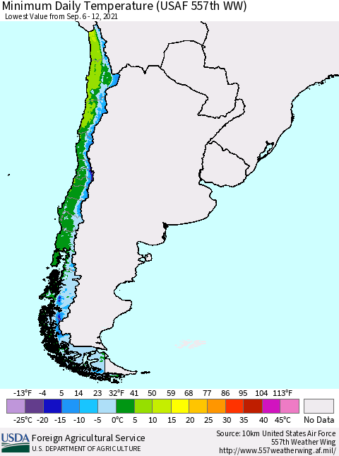 Chile Extreme Minimum Temperature (USAF 557th WW) Thematic Map For 9/6/2021 - 9/12/2021