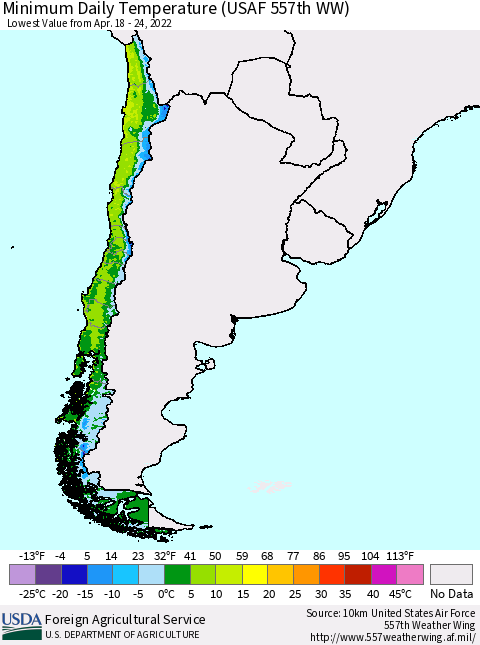 Chile Minimum Daily Temperature (USAF 557th WW) Thematic Map For 4/18/2022 - 4/24/2022