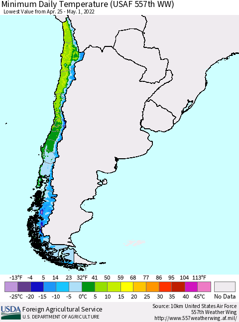Chile Extreme Minimum Temperature (USAF 557th WW) Thematic Map For 4/25/2022 - 5/1/2022
