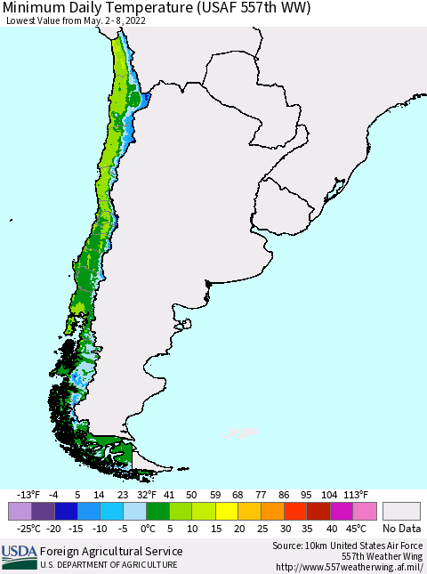 Chile Extreme Minimum Temperature (USAF 557th WW) Thematic Map For 5/2/2022 - 5/8/2022