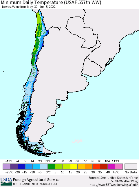 Chile Minimum Daily Temperature (USAF 557th WW) Thematic Map For 5/30/2022 - 6/5/2022