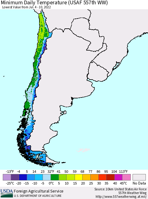 Chile Minimum Daily Temperature (USAF 557th WW) Thematic Map For 7/4/2022 - 7/10/2022