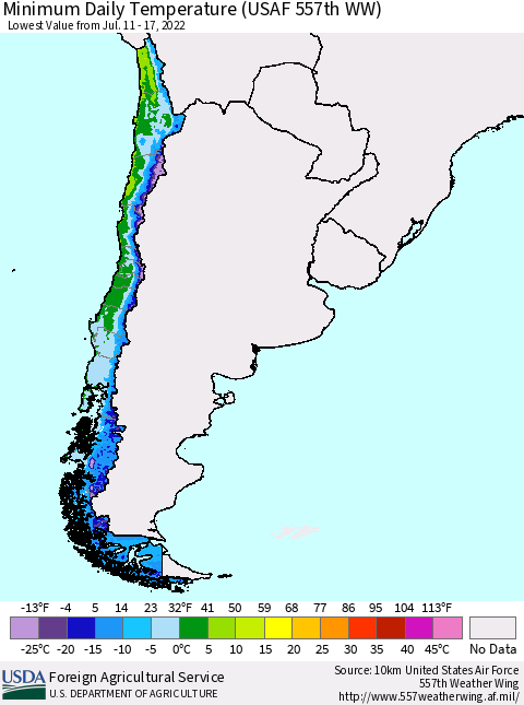 Chile Minimum Daily Temperature (USAF 557th WW) Thematic Map For 7/11/2022 - 7/17/2022