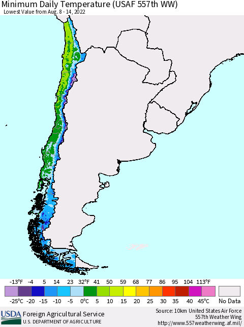 Chile Minimum Daily Temperature (USAF 557th WW) Thematic Map For 8/8/2022 - 8/14/2022