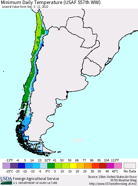 Chile Minimum Daily Temperature (USAF 557th WW) Thematic Map For 9/5/2022 - 9/11/2022