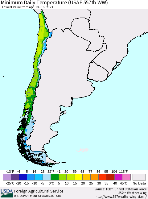 Chile Minimum Daily Temperature (USAF 557th WW) Thematic Map For 4/10/2023 - 4/16/2023