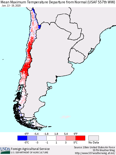 Chile Maximum Temperature Departure From Normal (USAF 557th WW) Thematic Map For 1/13/2020 - 1/19/2020