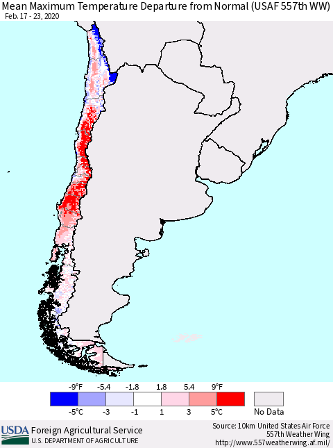 Chile Maximum Temperature Departure From Normal (USAF 557th WW) Thematic Map For 2/17/2020 - 2/23/2020