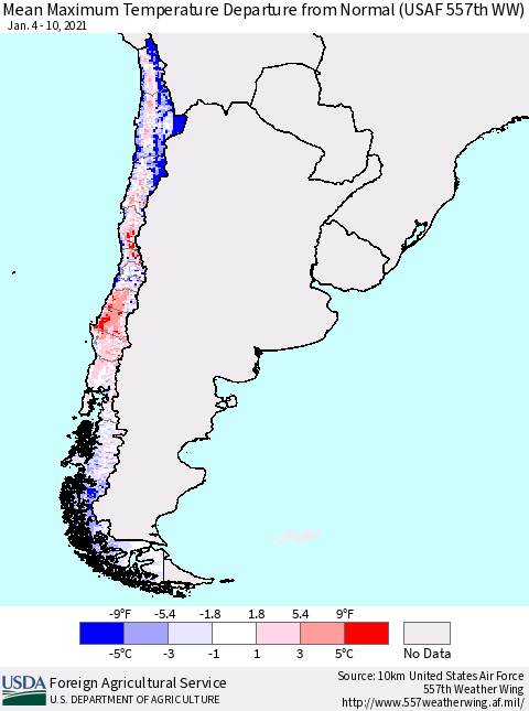 Chile Maximum Temperature Departure From Normal (USAF 557th WW) Thematic Map For 1/4/2021 - 1/10/2021