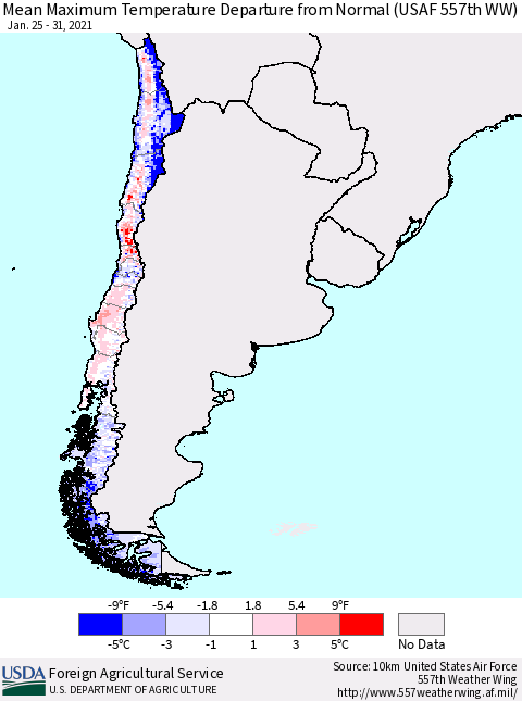 Chile Maximum Temperature Departure From Normal (USAF 557th WW) Thematic Map For 1/25/2021 - 1/31/2021