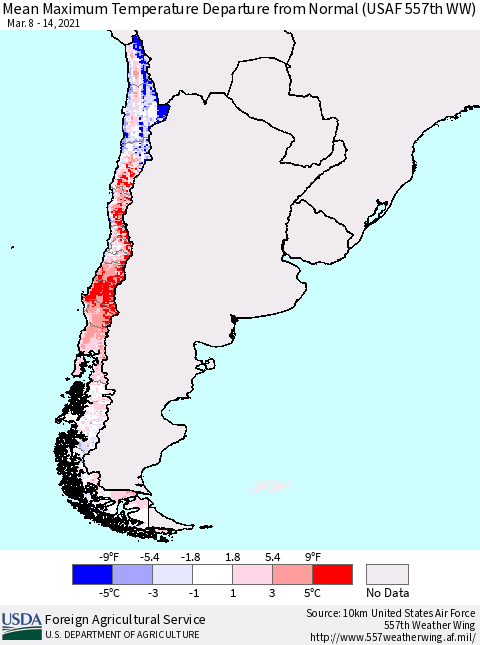Chile Mean Maximum Temperature Departure from Normal (USAF 557th WW) Thematic Map For 3/8/2021 - 3/14/2021