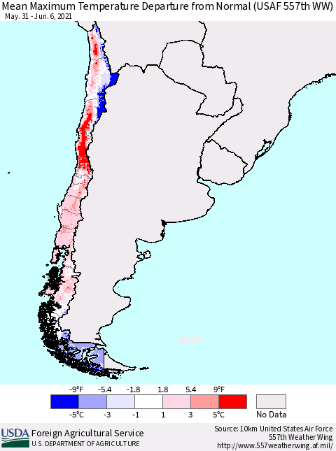 Chile Maximum Temperature Departure from Normal (USAF 557th WW) Thematic Map For 5/31/2021 - 6/6/2021