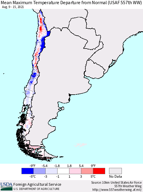 Chile Maximum Temperature Departure from Normal (USAF 557th WW) Thematic Map For 8/9/2021 - 8/15/2021