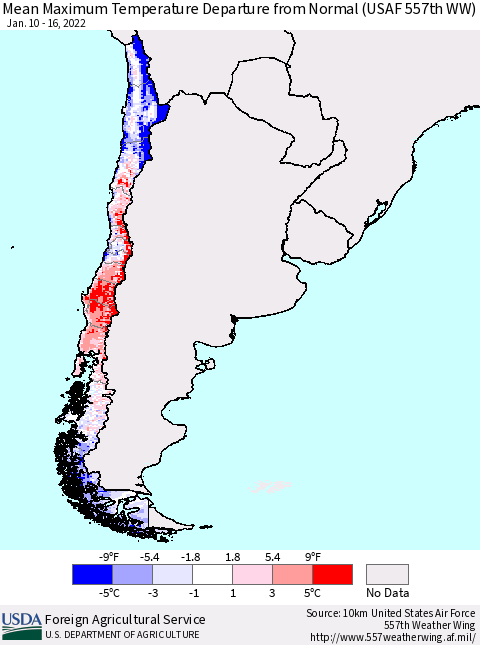 Chile Maximum Temperature Departure from Normal (USAF 557th WW) Thematic Map For 1/10/2022 - 1/16/2022