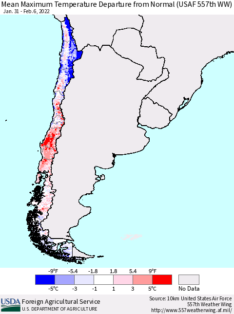 Chile Maximum Temperature Departure from Normal (USAF 557th WW) Thematic Map For 1/31/2022 - 2/6/2022