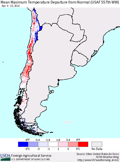 Chile Maximum Temperature Departure From Normal (USAF 557th WW) Thematic Map For 4/4/2022 - 4/10/2022