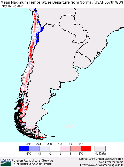 Chile Maximum Temperature Departure From Normal (USAF 557th WW) Thematic Map For 5/16/2022 - 5/22/2022