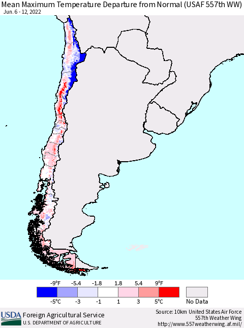Chile Maximum Temperature Departure From Normal (USAF 557th WW) Thematic Map For 6/6/2022 - 6/12/2022