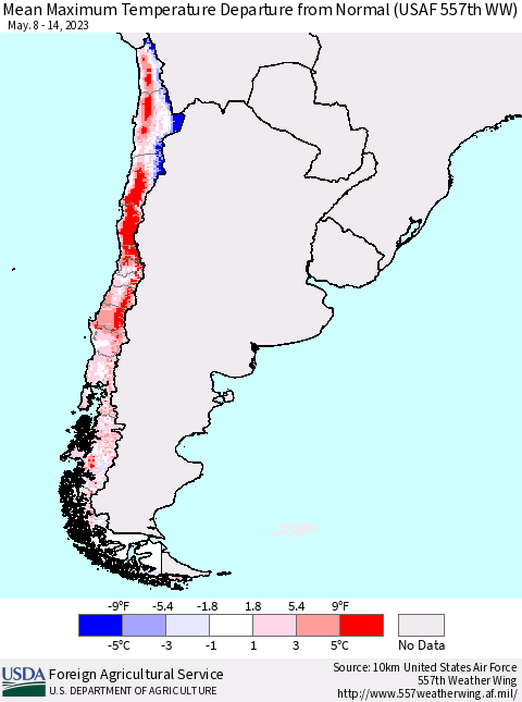Chile Mean Maximum Temperature Departure from Normal (USAF 557th WW) Thematic Map For 5/8/2023 - 5/14/2023