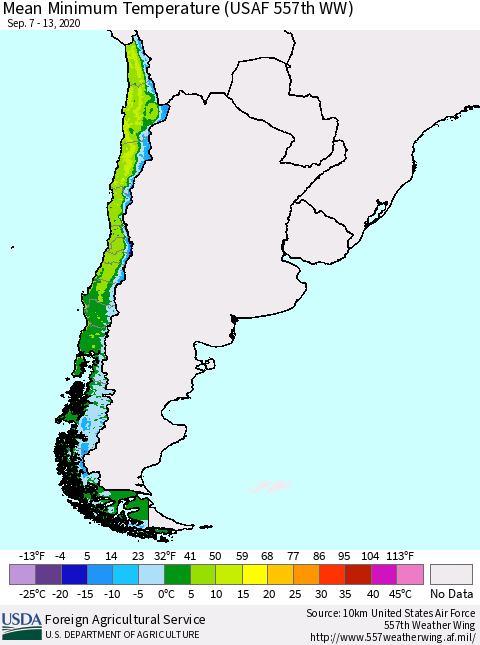 Chile Minimum Temperature (USAF 557th WW) Thematic Map For 9/7/2020 - 9/13/2020