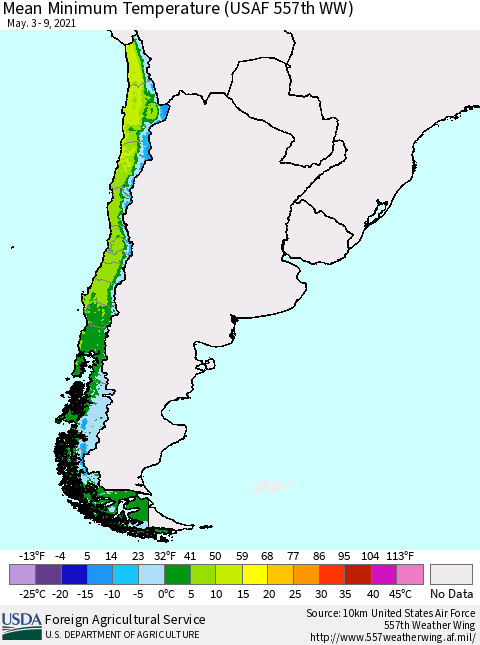 Chile Minimum Temperature (USAF 557th WW) Thematic Map For 5/3/2021 - 5/9/2021