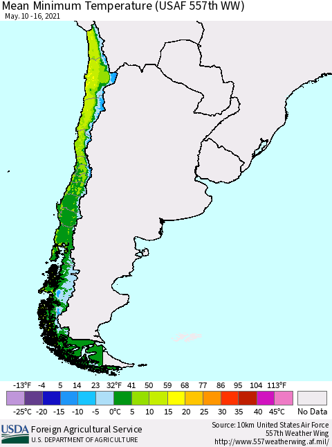 Chile Minimum Temperature (USAF 557th WW) Thematic Map For 5/10/2021 - 5/16/2021