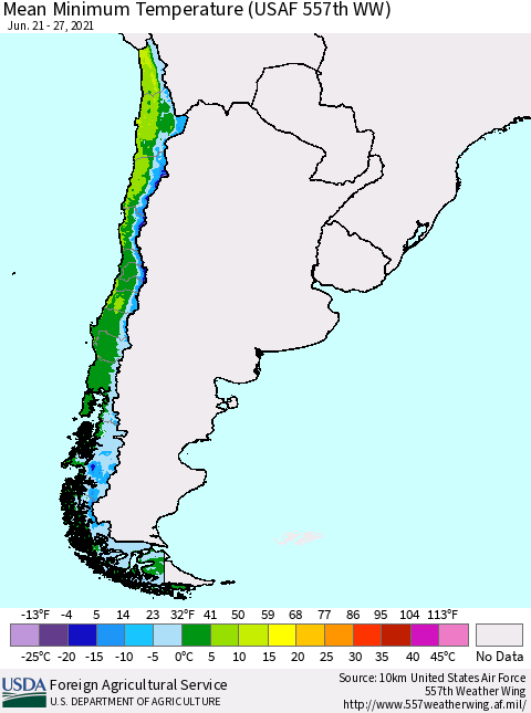 Chile Mean Minimum Temperature (USAF 557th WW) Thematic Map For 6/21/2021 - 6/27/2021