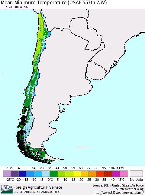 Chile Mean Minimum Temperature (USAF 557th WW) Thematic Map For 6/28/2021 - 7/4/2021