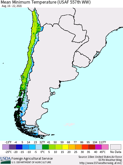 Chile Mean Minimum Temperature (USAF 557th WW) Thematic Map For 8/16/2021 - 8/22/2021