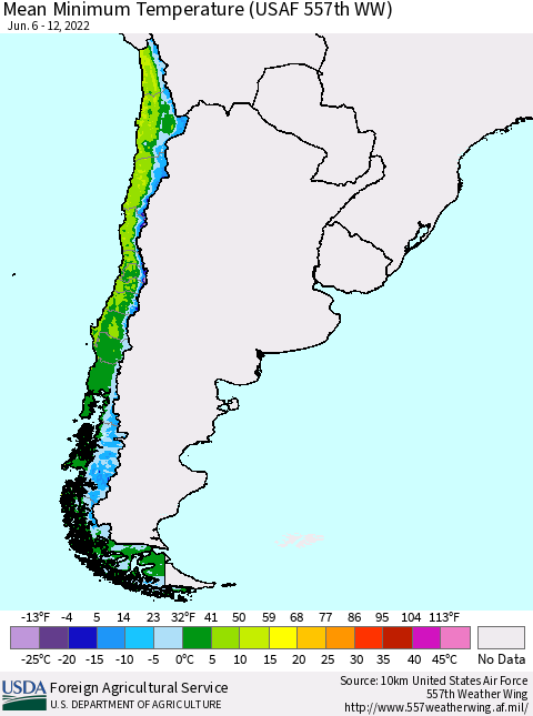 Chile Mean Minimum Temperature (USAF 557th WW) Thematic Map For 6/6/2022 - 6/12/2022