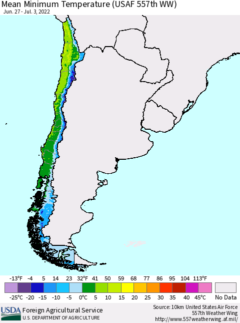 Chile Minimum Temperature (USAF 557th WW) Thematic Map For 6/27/2022 - 7/3/2022