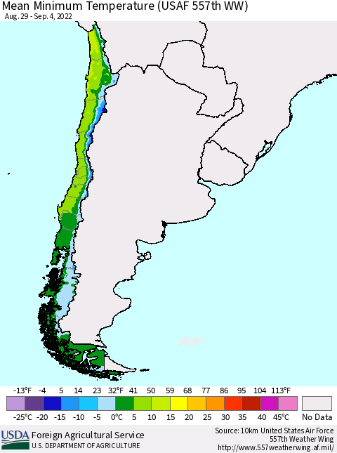 Chile Mean Minimum Temperature (USAF 557th WW) Thematic Map For 8/29/2022 - 9/4/2022