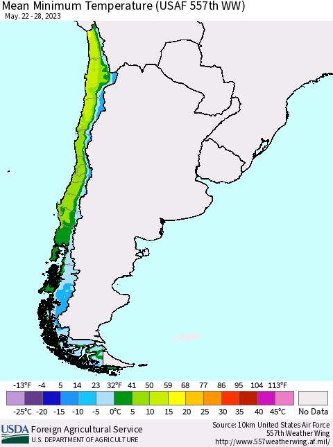 Chile Mean Minimum Temperature (USAF 557th WW) Thematic Map For 5/22/2023 - 5/28/2023