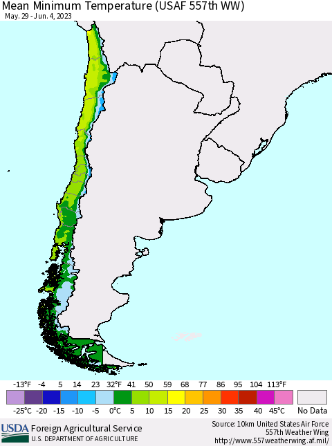 Chile Mean Minimum Temperature (USAF 557th WW) Thematic Map For 5/29/2023 - 6/4/2023