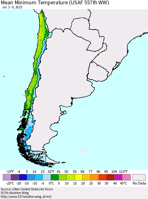 Chile Mean Minimum Temperature (USAF 557th WW) Thematic Map For 7/3/2023 - 7/9/2023