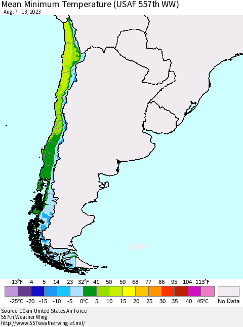 Chile Mean Minimum Temperature (USAF 557th WW) Thematic Map For 8/7/2023 - 8/13/2023