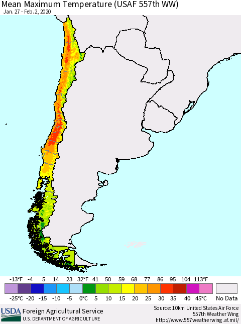 Chile Maximum Temperature (USAF 557th WW) Thematic Map For 1/27/2020 - 2/2/2020