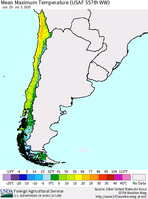 Chile Maximum Temperature (USAF 557th WW) Thematic Map For 6/29/2020 - 7/5/2020