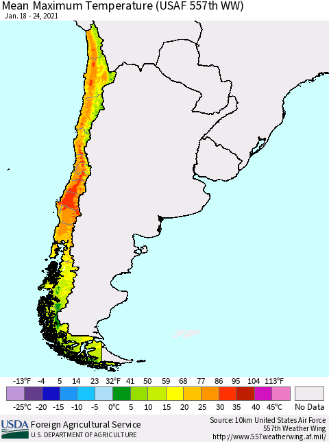 Chile Maximum Temperature (USAF 557th WW) Thematic Map For 1/18/2021 - 1/24/2021