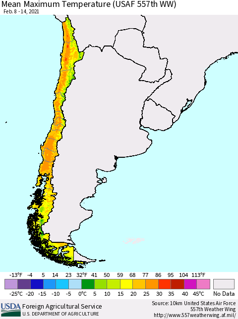 Chile Maximum Temperature (USAF 557th WW) Thematic Map For 2/8/2021 - 2/14/2021