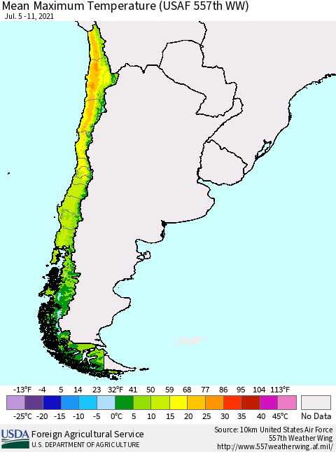 Chile Maximum Temperature (USAF 557th WW) Thematic Map For 7/5/2021 - 7/11/2021