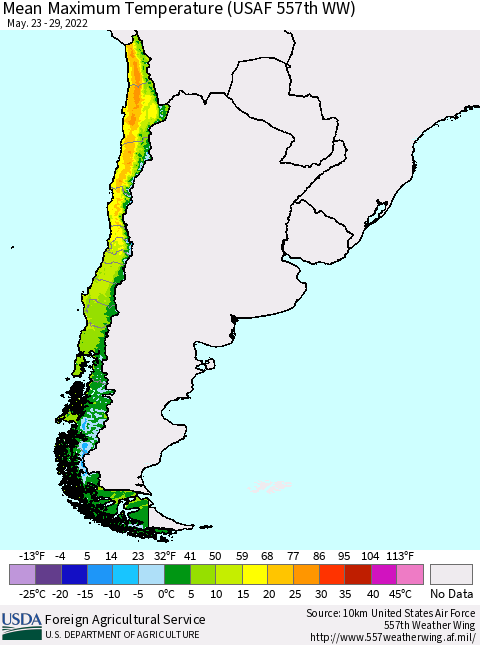 Chile Maximum Temperature (USAF 557th WW) Thematic Map For 5/23/2022 - 5/29/2022