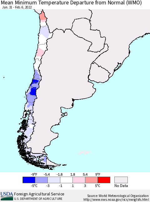 Chile Mean Minimum Temperature Departure from Normal (WMO) Thematic Map For 1/31/2022 - 2/6/2022