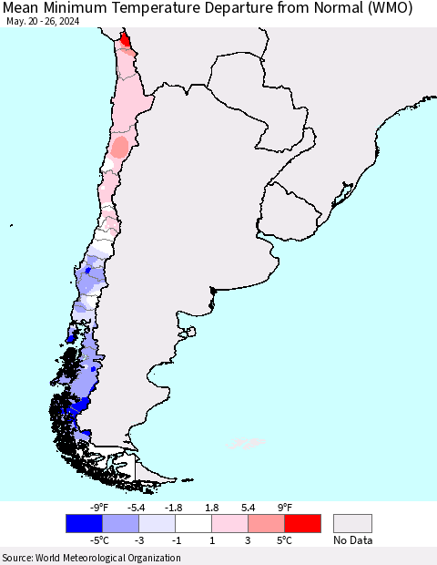 Chile Mean Minimum Temperature Departure from Normal (WMO) Thematic Map For 5/20/2024 - 5/26/2024