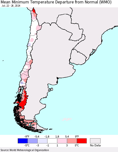 Chile Mean Minimum Temperature Departure from Normal (WMO) Thematic Map For 7/22/2024 - 7/28/2024
