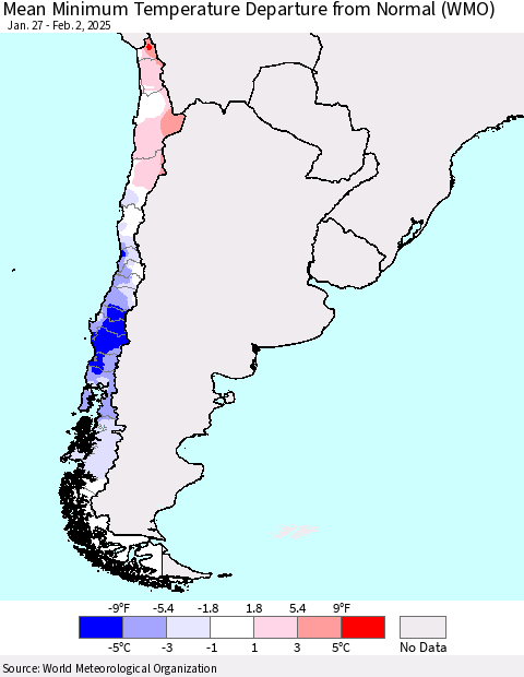 Chile Mean Minimum Temperature Departure from Normal (WMO) Thematic Map For 1/27/2025 - 2/2/2025