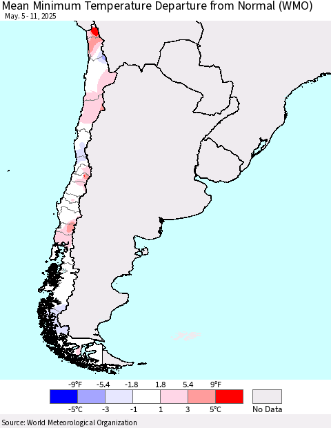 Chile Mean Minimum Temperature Departure from Normal (WMO) Thematic Map For 5/5/2025 - 5/11/2025