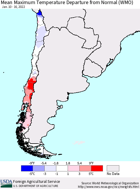 Chile Mean Maximum Temperature Departure from Normal (WMO) Thematic Map For 1/10/2022 - 1/16/2022