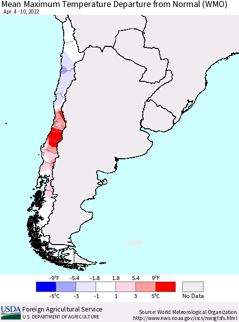 Chile Mean Maximum Temperature Departure from Normal (WMO) Thematic Map For 4/4/2022 - 4/10/2022